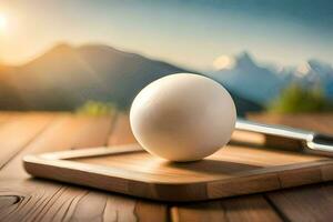 egg on a cutting board with mountains in the background. AI-Generated photo