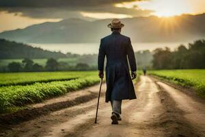 a man in a suit walks down a dirt road. AI-Generated photo