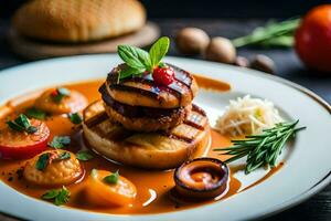 un plato de comida con vegetales y carne. generado por ai foto