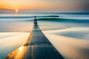 un largo exposición fotografía de un embarcadero en el playa a puesta de sol. generado por ai foto