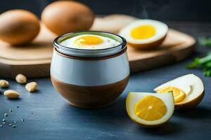 an egg in a cup with sliced eggs and nuts. AI-Generated photo