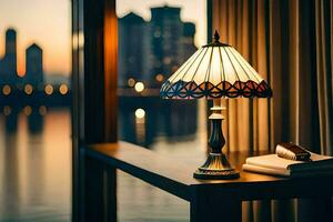 un lámpara se sienta en un mesa cerca un ventana. generado por ai foto