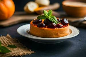 a small cake with cherries and mint leaves on a plate. AI-Generated photo