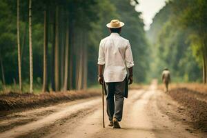 un hombre caminando abajo un suciedad la carretera con un caña. generado por ai foto