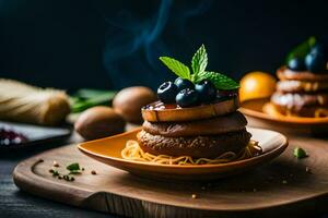 a plate of food with blueberries and bananas. AI-Generated photo