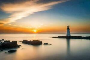a lighthouse stands on the shore of the ocean at sunset. AI-Generated photo