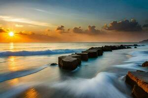 sunset over the ocean with rocks in the water. AI-Generated photo