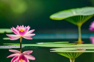 pink lotus flower in water with leaves and lily pads. AI-Generated photo