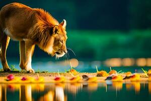 un león olfateando el agua en frente de flores generado por ai foto