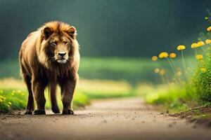 the lion is walking on the road. AI-Generated photo