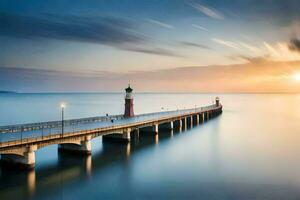 un largo exposición fotografía de un faro en un muelle. generado por ai foto