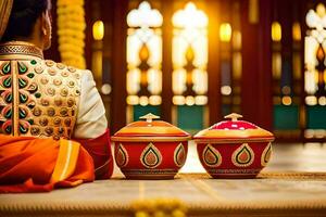 a woman in an orange dress sits on a bench with two pots. AI-Generated photo