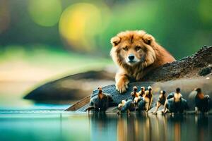 un león sentado en el borde de un río con patos. generado por ai foto