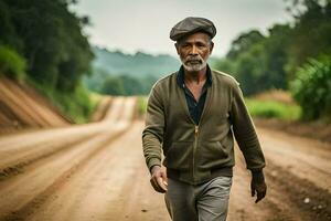 an older man walking down a dirt road. AI-Generated photo