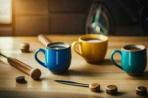 three coffee cups on a table with a wooden spoon. AI-Generated photo