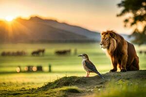 el león y el pájaro. generado por ai foto