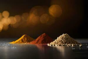 three different types of spices are shown on a table. AI-Generated photo