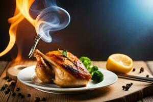 a chicken on a plate with a flame and lemon. AI-Generated photo