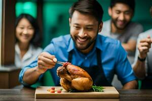 a man is holding a turkey on a cutting board. AI-Generated photo