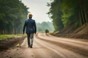 a man in a suit and hat walking down a dirt road. AI-Generated photo