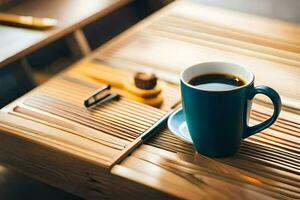 a cup of coffee on a table. AI-Generated photo