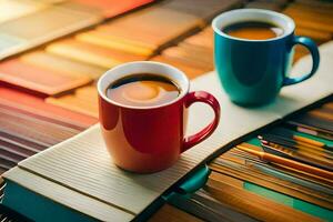 two cups of coffee on a table with a book. AI-Generated photo