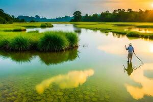 a man is standing on a paddle board in a marsh. AI-Generated photo