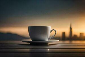 un taza de café en un mesa con un ciudad en el antecedentes. generado por ai foto