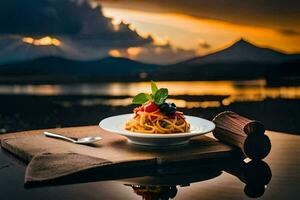 a plate of pasta with berries and a cup of coffee on a table in front of a lake. AI-Generated photo