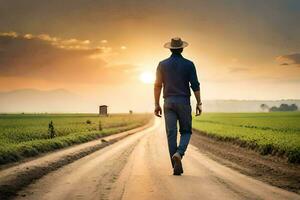 hombre caminando en un la carretera a puesta de sol. generado por ai foto