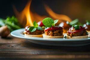 small appetizers on a plate with a fire in the background. AI-Generated photo