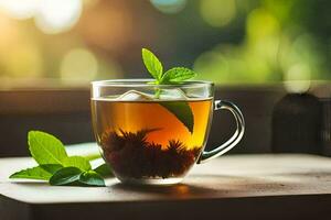 a cup of tea with mint leaves. AI-Generated photo