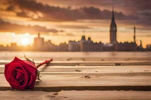 a red rose sits on a wooden pier overlooking a city. AI-Generated photo