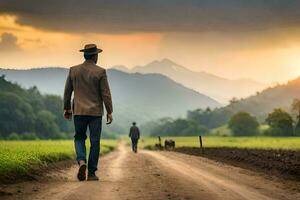 un hombre caminando abajo un suciedad la carretera con un puesta de sol en el antecedentes. generado por ai foto