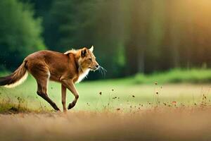 a red fox running across a field. AI-Generated photo