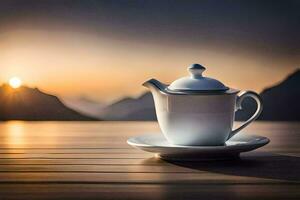 tea pot on the table, mountains, sunrise, hd wallpaper. AI-Generated photo