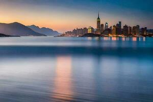 el horizonte de hong kong a puesta de sol. generado por ai foto