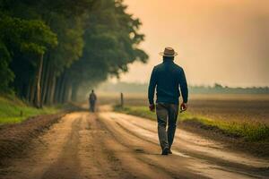 a man walking down a dirt road with a hat on. AI-Generated photo