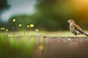 a bird is standing on the ground near some flowers. AI-Generated photo
