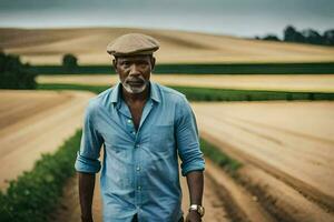 un hombre en un azul camisa y sombrero caminando mediante un campo. generado por ai foto