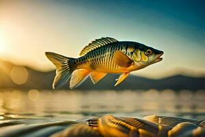 un pescado es volador terminado el agua a puesta de sol. generado por ai foto