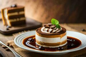 a dessert with chocolate and whipped cream on a white plate. AI-Generated photo