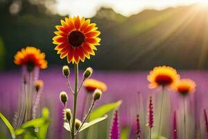 sunflower in a field of purple flowers. AI-Generated photo