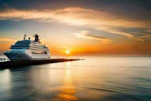 un crucero Embarcacion atracado a el muelle a puesta de sol. generado por ai foto