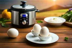 eggs in a bowl next to an instant pot. AI-Generated photo