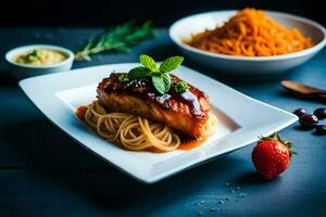 a plate of spaghetti with salmon and sauce. AI-Generated photo