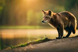 a fox stands on the edge of a lake at sunset. AI-Generated photo