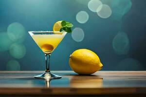 a cocktail with lemon and mint on a wooden table. AI-Generated photo