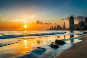 el Dom sube terminado el ciudad horizonte en Dubái generado por ai foto