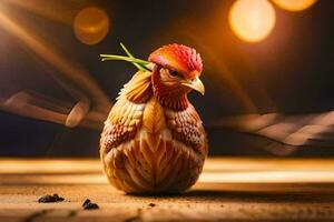 a chicken carved out of wood with a green stem. AI-Generated photo